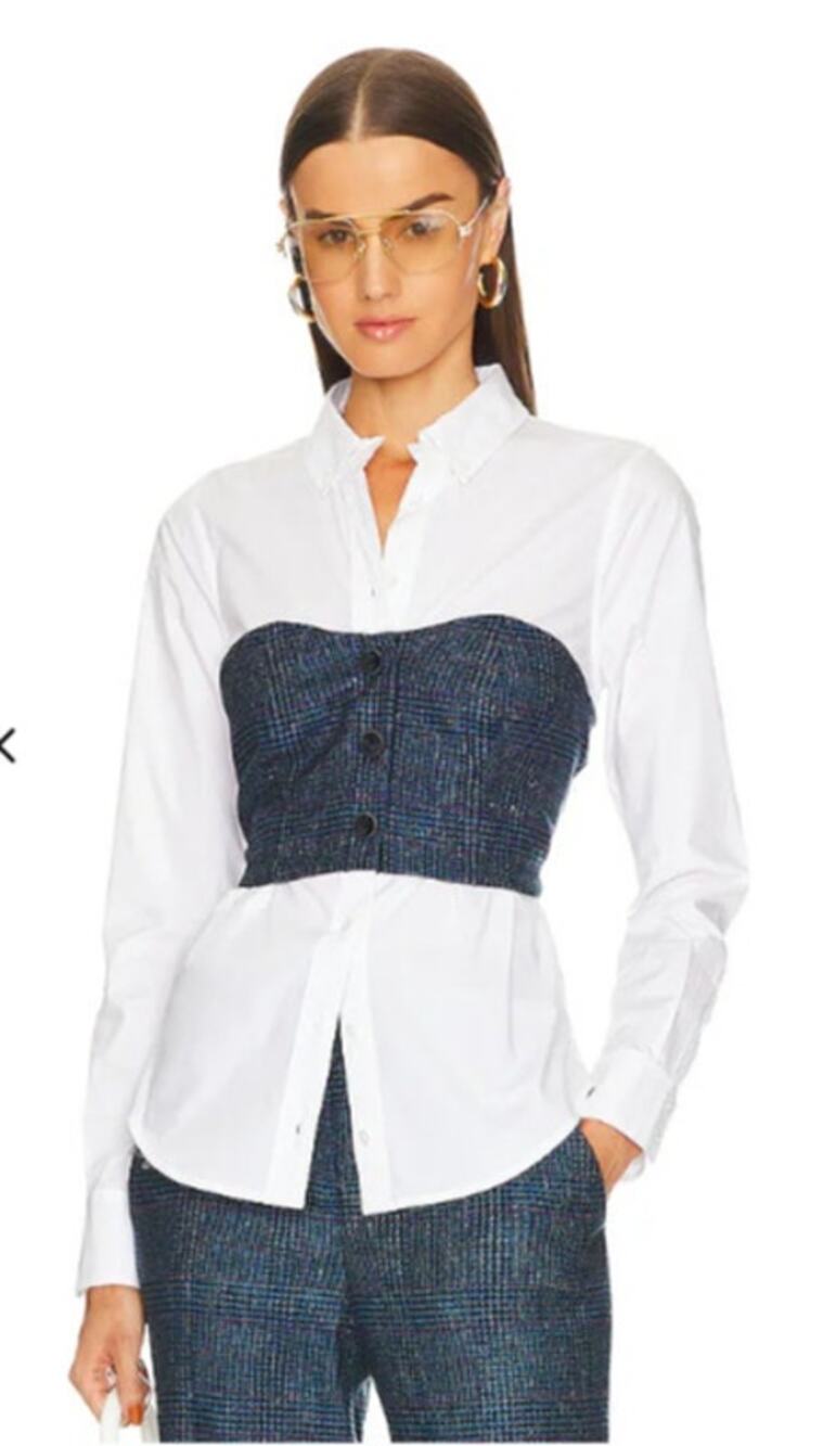 VERONICA BEARD Callen Top 14 White Blue Mixed Media Tweed Corset Button Up